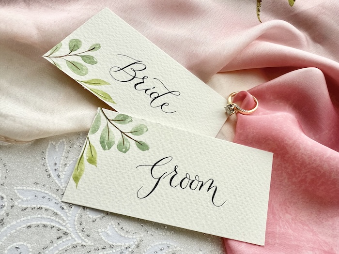 Hand painted watercolor wedding Bride and Groom place cards