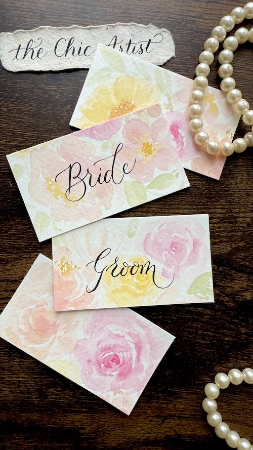 Hand painted watercolor wedding Bride and Groom place cards