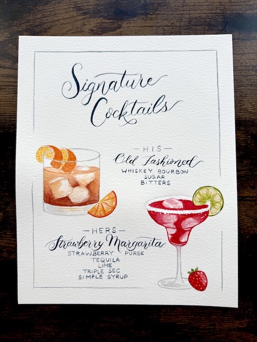 Hand painted watercolor wedding signature drinks sign