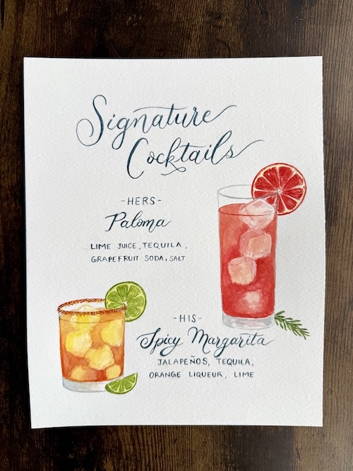 Hand painted watercolor wedding signature drinks sign