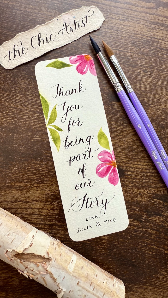 Hand painted watercolor wedding thank you bookmark
